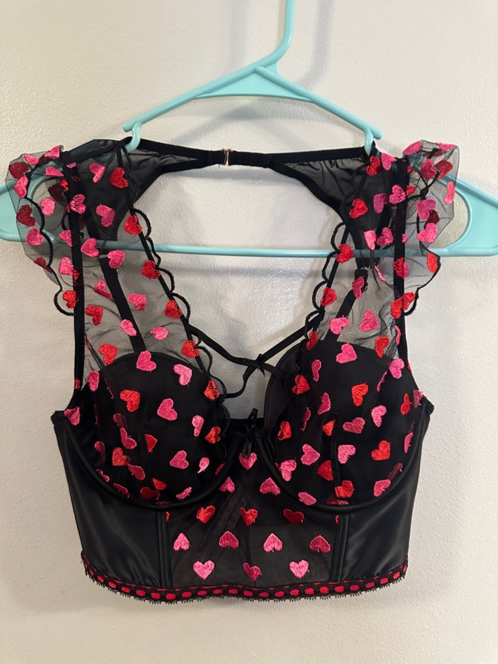 Black Mesh Longline Corset Bra with Pink & Red Heart Embroidery